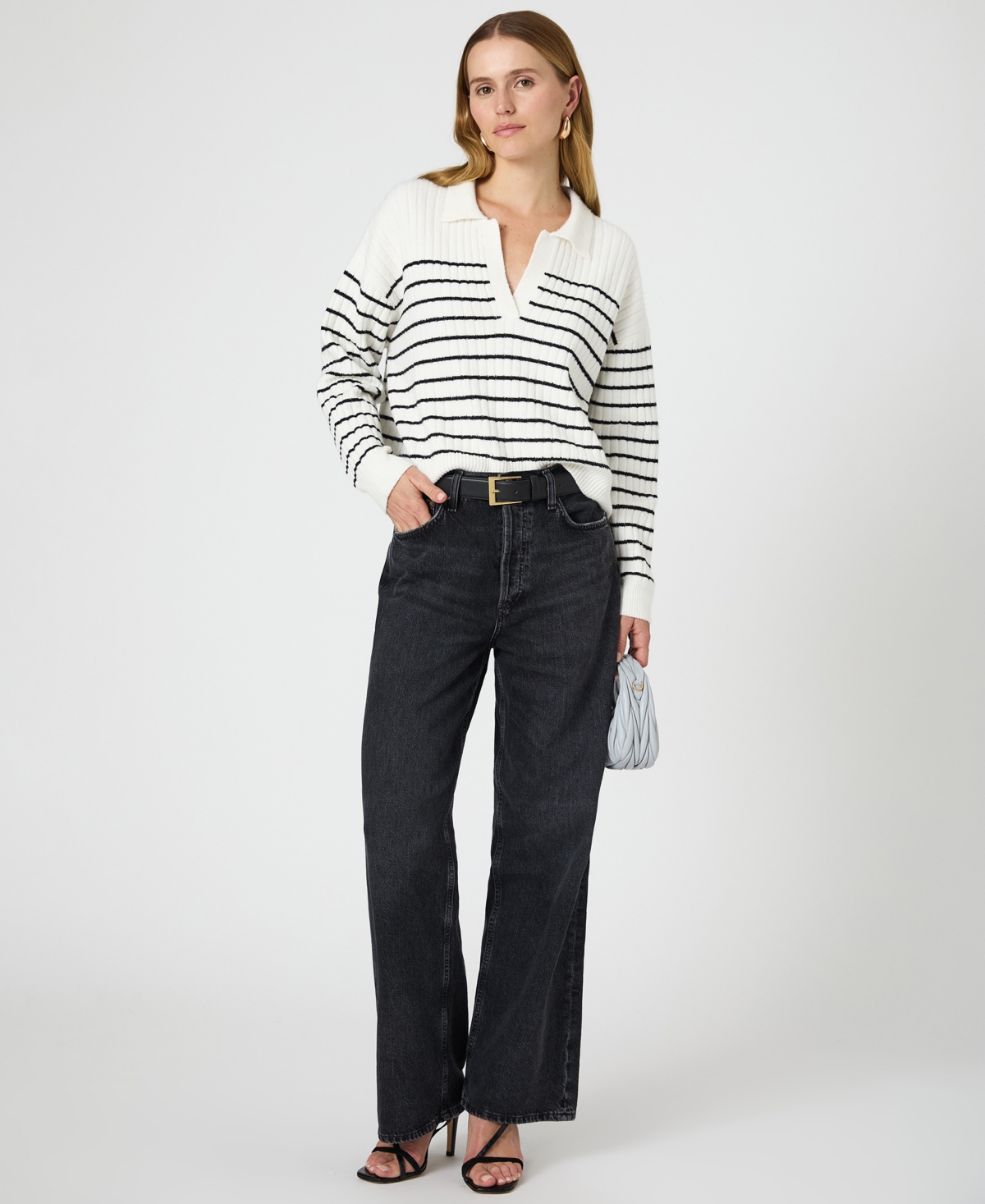 French Connection Women's Vhari Striped Collared Long Sleeve Sweater -Black