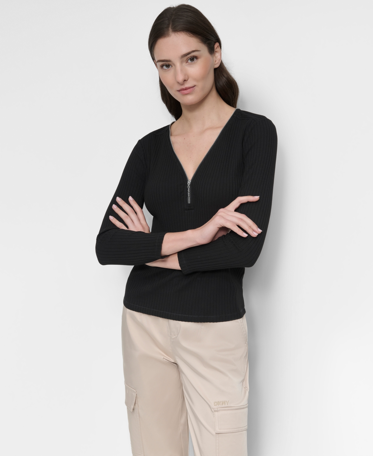 Dkny Women's Ribbed Half-Zip V-Neck Top