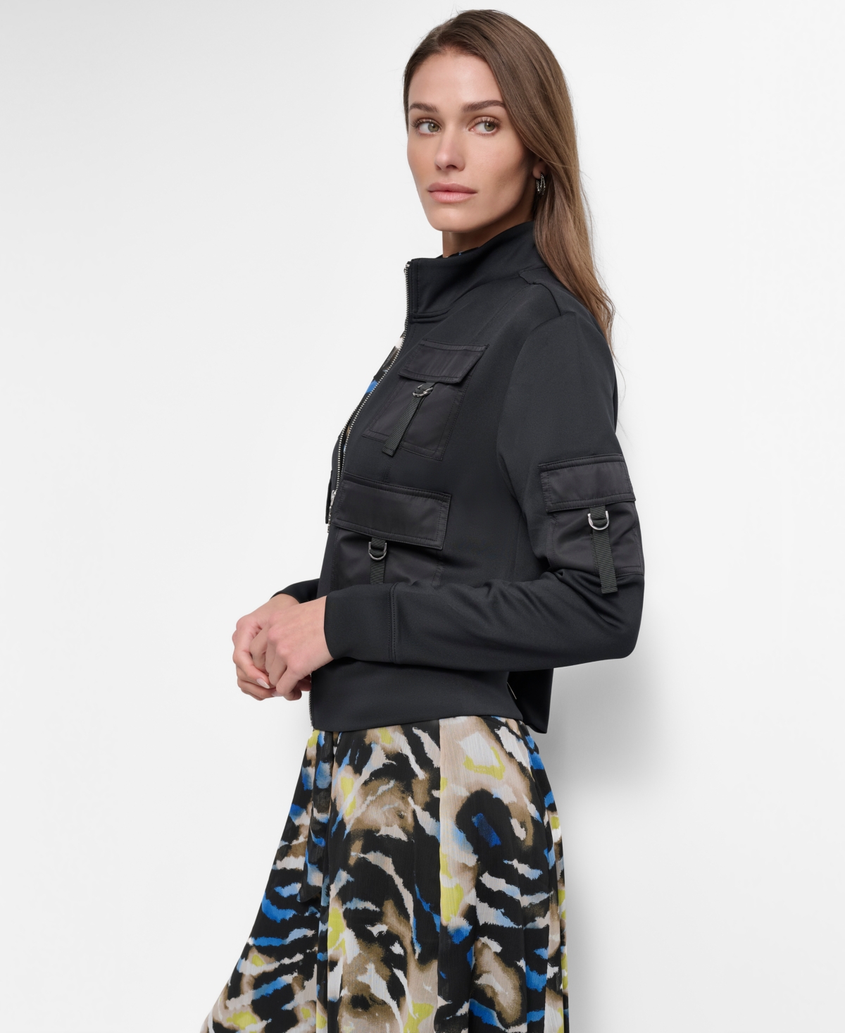 Dkny Women's Stand-Collar Satin-Cargo-Pocket Scuba Jacket