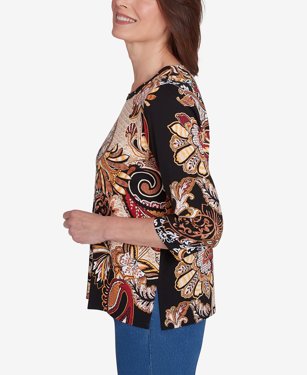Alfred Dunner Women's Braided Neck Paisley Tee -Tan