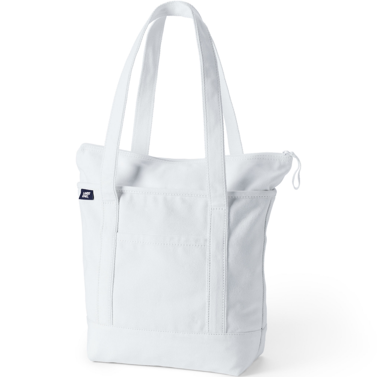 Medium Solid Color 5 Pocket Zip Top Long Handle Canvas Tote Bag - White