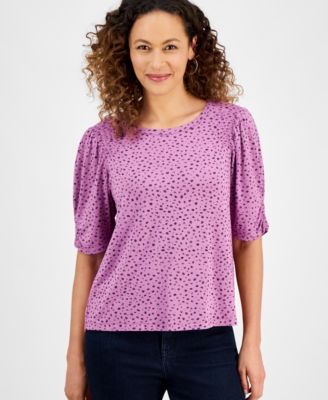 Democracy - Petite Foil-Print Elbow-Sleeve Scoop-Neck Top
