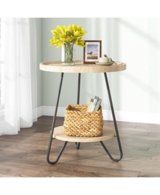 2-Tier Round Side Table with Metal Legs Small Accent End Table for Living Room, Bedroom, or Small Spaces