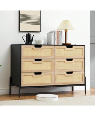 1-Pc 6-Drawer Dresser Wood Rattan Front Metal Legs Spacious Storage Chest