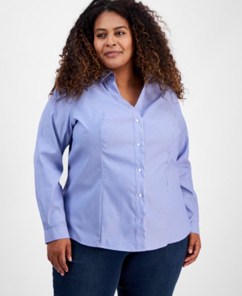 Женская рубашка Jones New York Plus Size Cotton Striped Button-Front, цвет: Синий / Белый