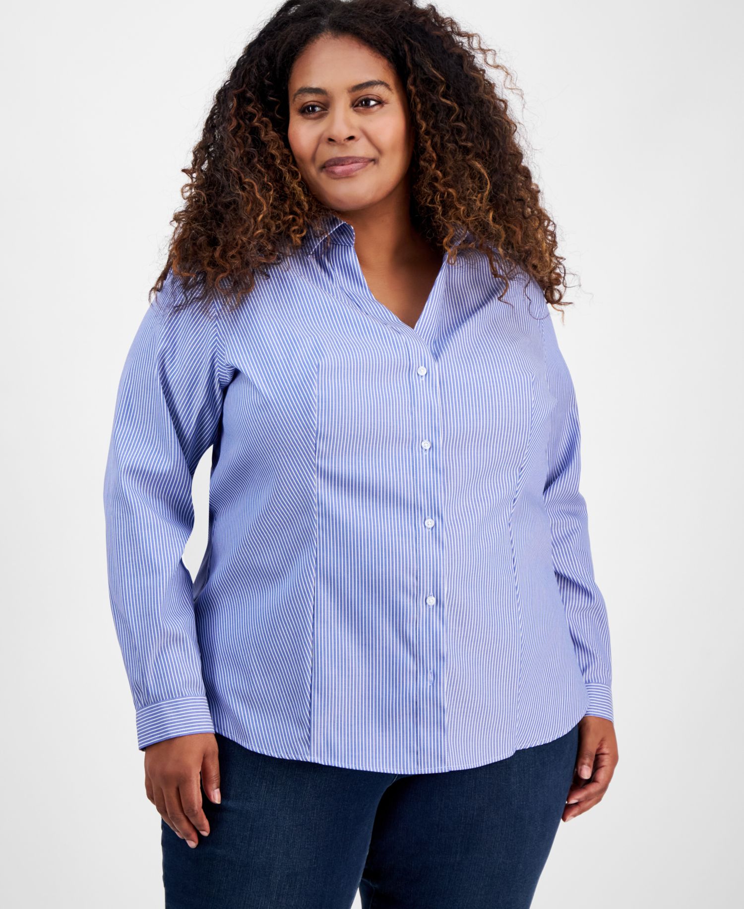 Plus Size Cotton Striped Button-Front Shirt