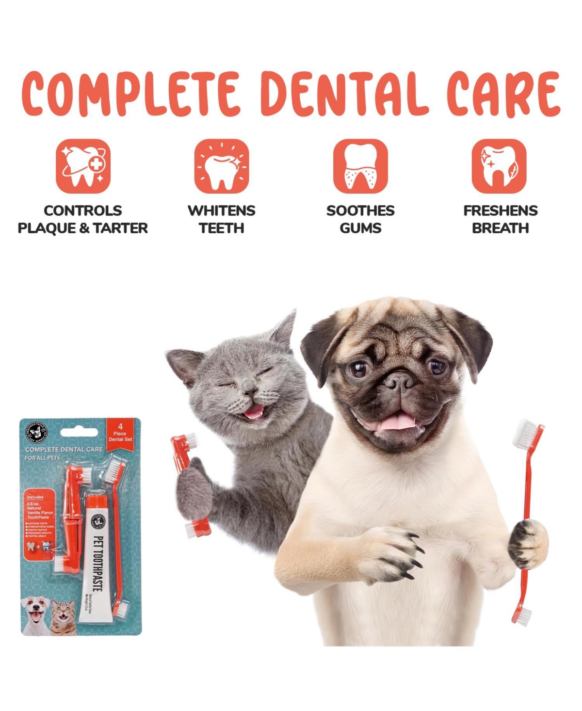 Precious Tails 4-pc. Pet Dental Kit for Dogs and Cats, Cat and Dog Toothbrush, Dog Teeth Cleaning, Dog Finger Toothbrush, Oral Hygiene for Pets - Vani