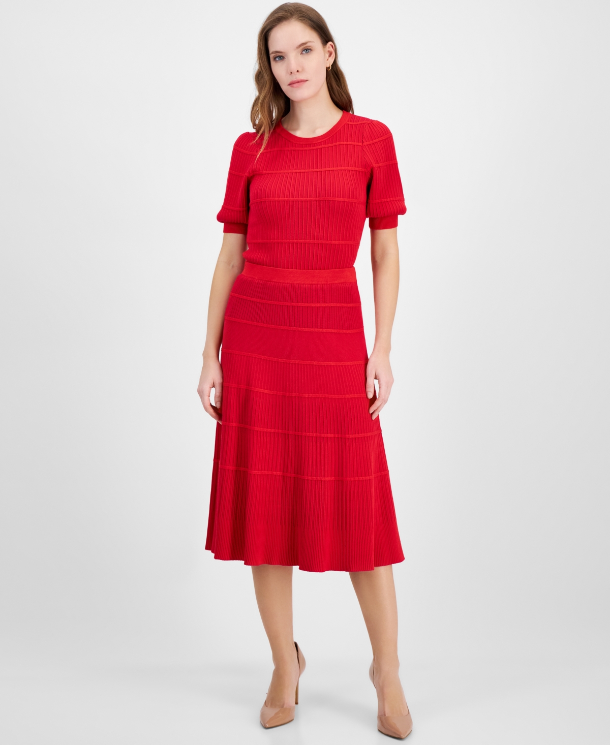 T Tahari Women's Mixed-rib Tiered Flared Midi Skirt In Gala Red,pink Heart