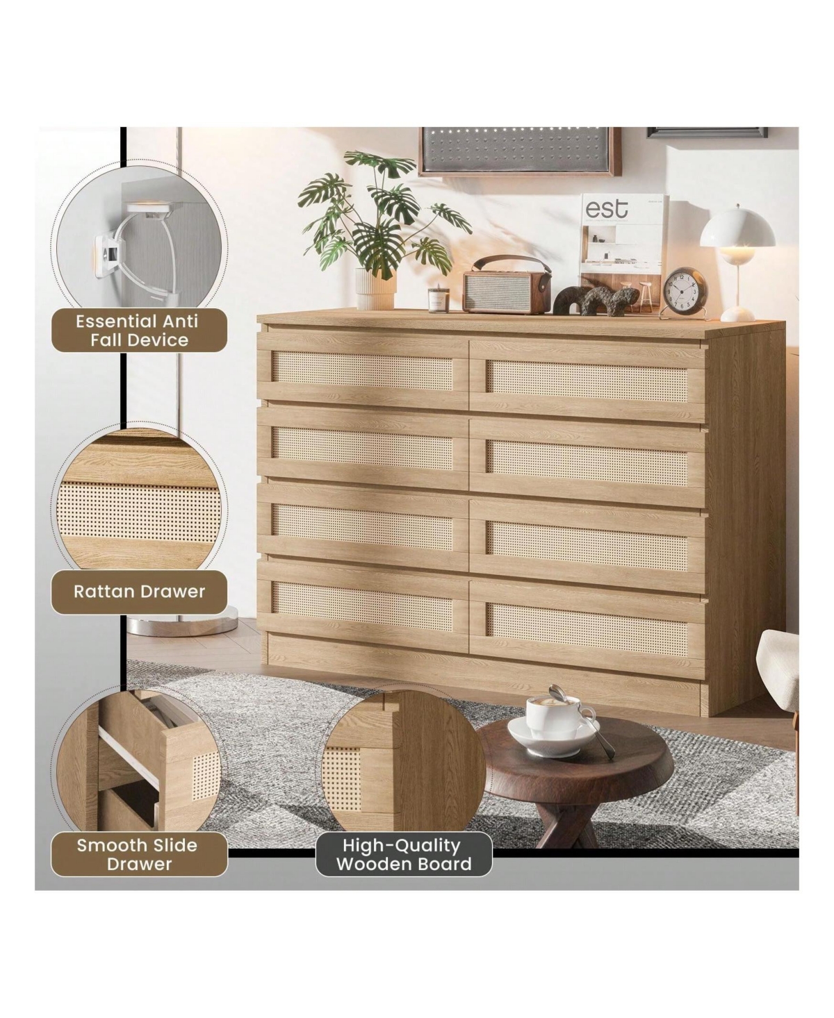 gaomon 8 Drawer Double Dresser For Bedroom, Rattan Chest Of Dressers, Modern Wooden Dresser Chest