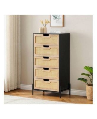 Modern Rattan 5 Drawers Dresser, Double Dresser For Bedroom, Chest Of Drawers Closet Organizers And Storage Clothes For Bedroom Living Room