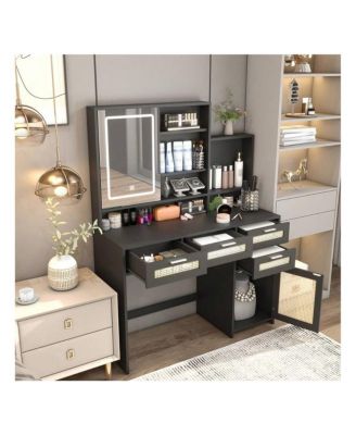 Makeup Vanity With Lights In 3 Colors And Openable Mirror, Vanity Desk With 4 Drawers, 1 Cabinets And Shelves, Vanity Table Rattan Vanity Dresser