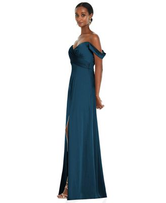 Womens Off-the-Shoulder Flounce Sleeve Empire Waist Gown with Front Slit