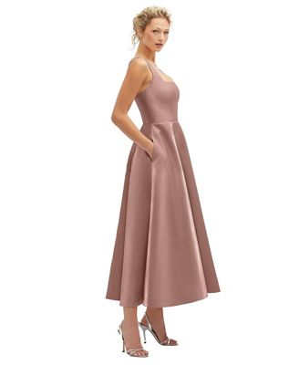 Square Neck Satin Midi Dress with Full Skirt & Pockets