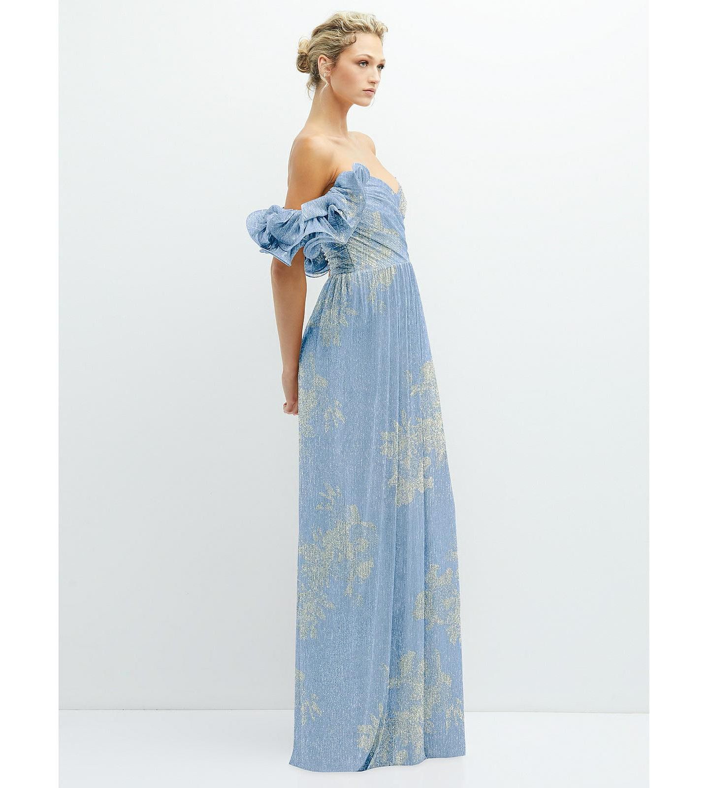 Женское платье After Six Dramatic Ruffle Edge Convertible Strap Metallic Pleated Maxi with Floral Gold Foil Print, цвет: Золотой — фото 3