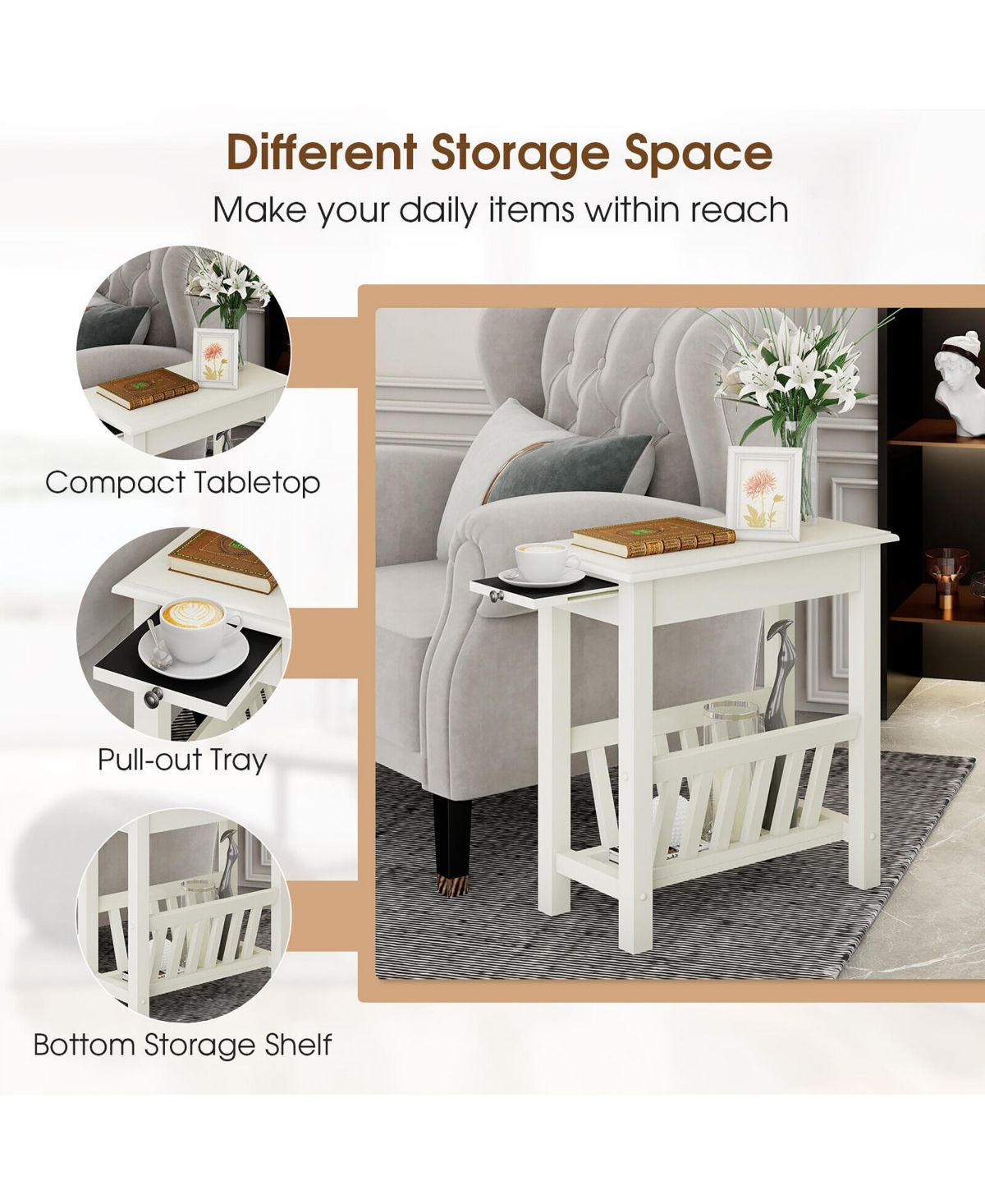 Gymax Side Table End Table Nightstand w/ Bottom Storage Shelf & Rubber Wood Legs
