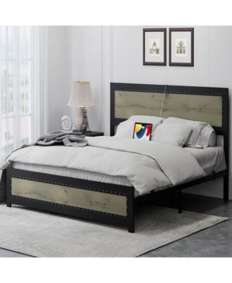 King Size Bed Frame with Headboard, Industrial Platform Bed Frame with Charging Station