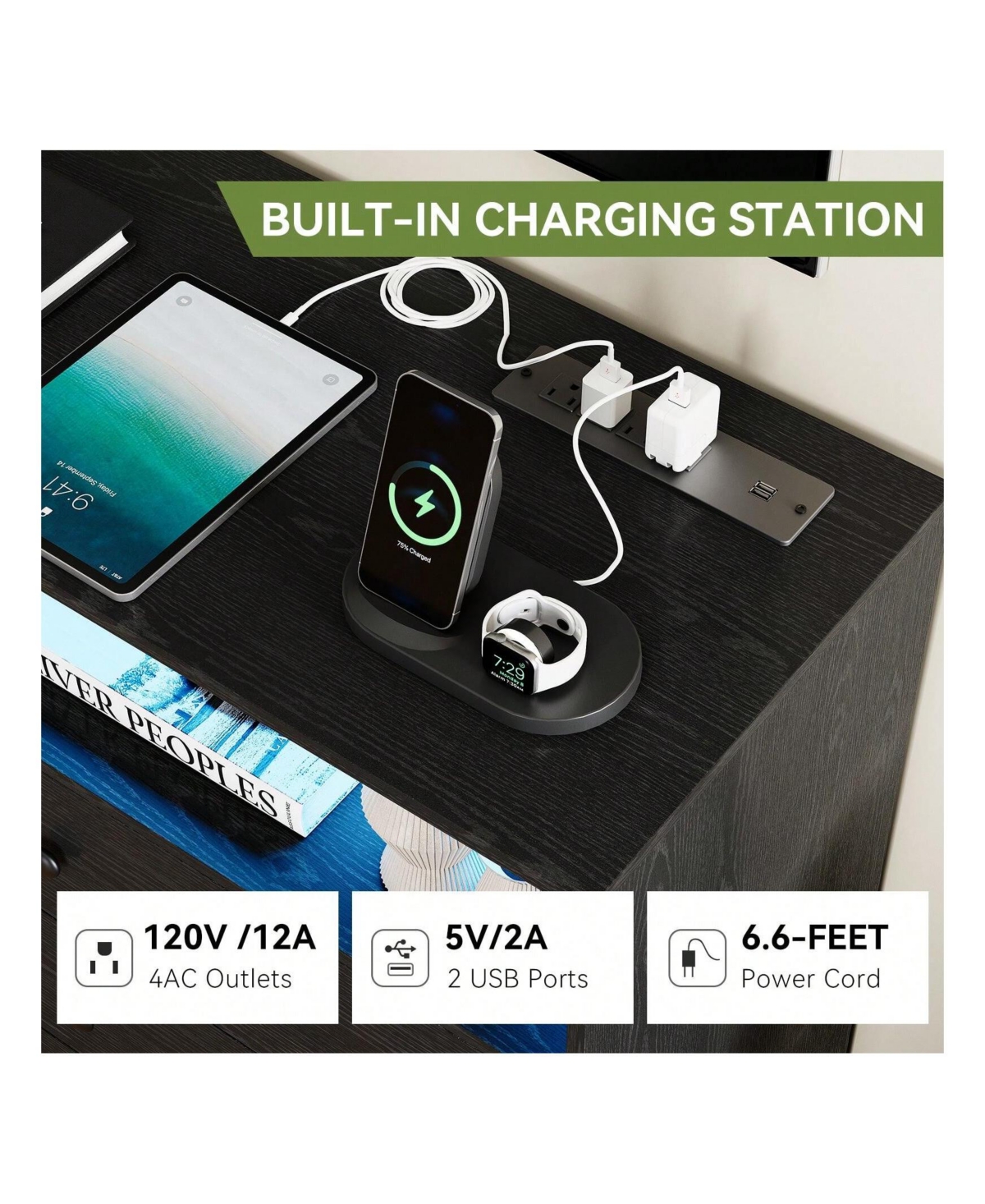 gaomon 6 Drawer Double Dresser Tv Stand, Bedroom Dresser With Power Outlet & Led Light, Wood Dresser For Room, Hallway, 47.2''W15.8''D36.2''H ( - Blac