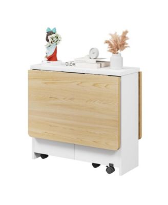 1 PC Wood 6 Wheels and 2-Layer Storage Shelf Folding  Drop Leaf Dining Table
