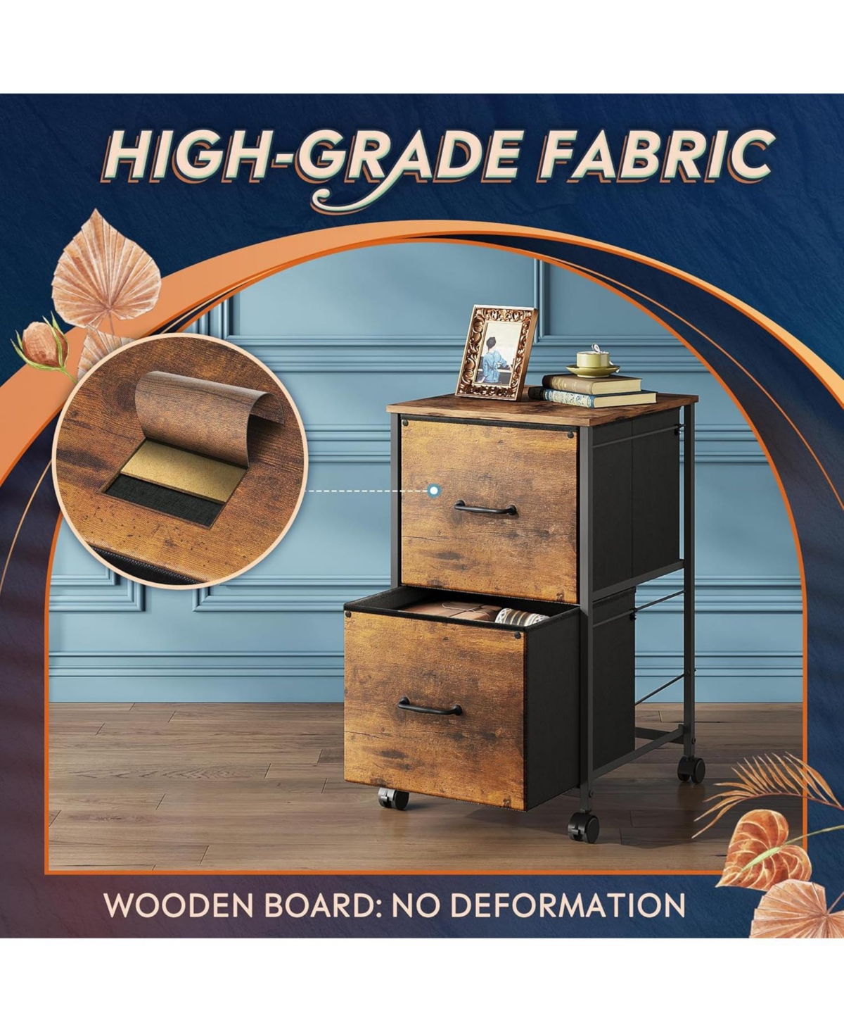 2 Drawer Mobile File Cabinet Rolling Printer Stand Fabric Vertical Filing Cabinet fits A4 or Letter Size for Home Office