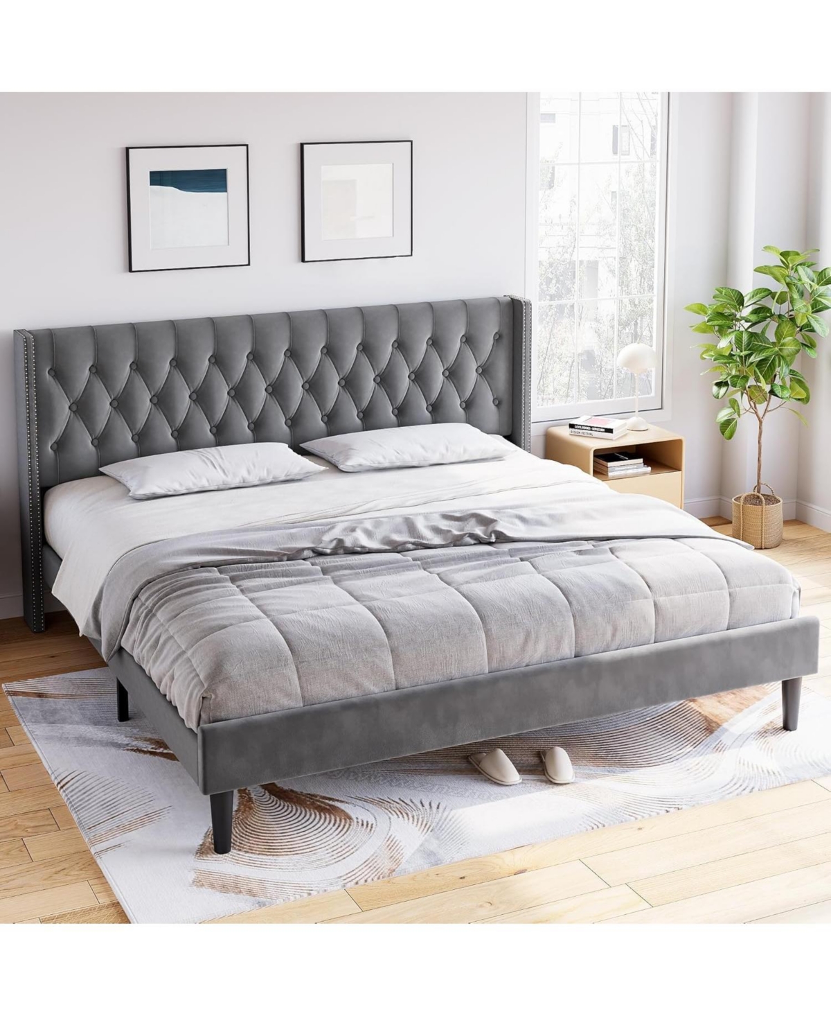 gaomon Size Bed Frame with Headboard, Modern Bed Frame, Deep Button Tufted Headboard with Wingback