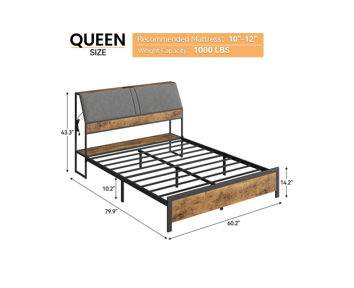 gaomon Size Bed Frame with Ergonomic Headboard and Charging Station, Upholstered Platform Bed, Metal Industrial Bed Frame with Storage, No Box S