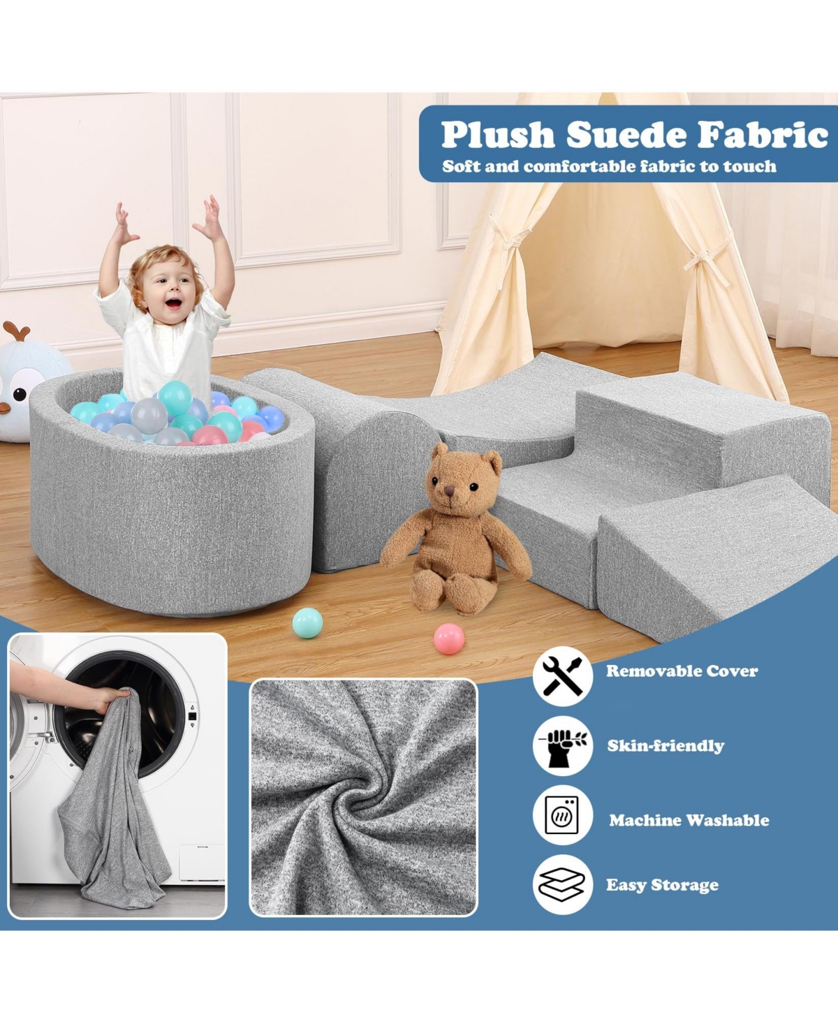 gaomon Soft Play Climbing Blocks for Toddlers, 5-Piece Foam Climbing Set with Ball Pit, Ideal for Indoor Climbing, Crawling, and Play for Ages 1-3