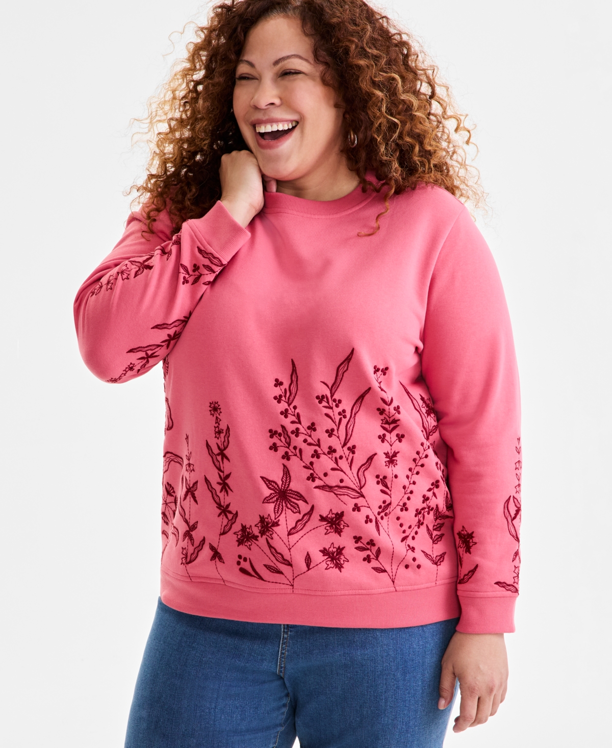 Plus Size Embroidered Fleece Sweatshirt, Exclusively at Macy's - Floral Red