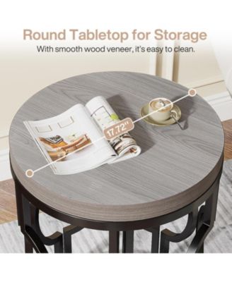 Round Industrial End & Side Table with Metal Hollow Frame, Small Bedside Table Nightstand