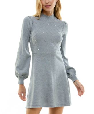 Crystal Doll - Juniors' Pearl Turtleneck Blouson-Sleeve Sweater Dress