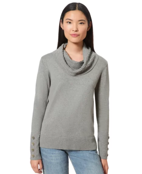 Women's Petite Chevron-Trimmed Cowl-Neck Sweater - Heather Grey