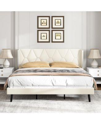 Full Bed Frame, Velvet Platform Full Bed with Wingback Headboard, Upholstered Bed Frame, Solid Wooden Slats Support