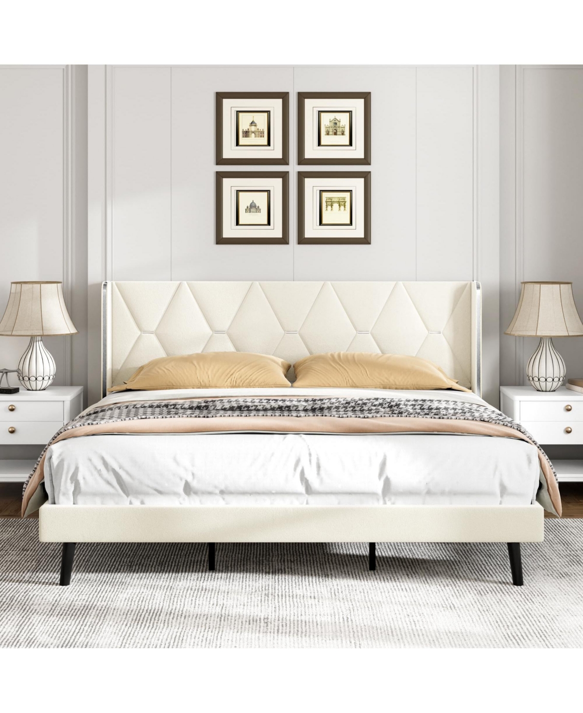 gaomon Bed Frame, Velvet Platform Bed with Wingback Headboard, Upholstered Bed Frame, Solid Wooden Slats Support -khaki