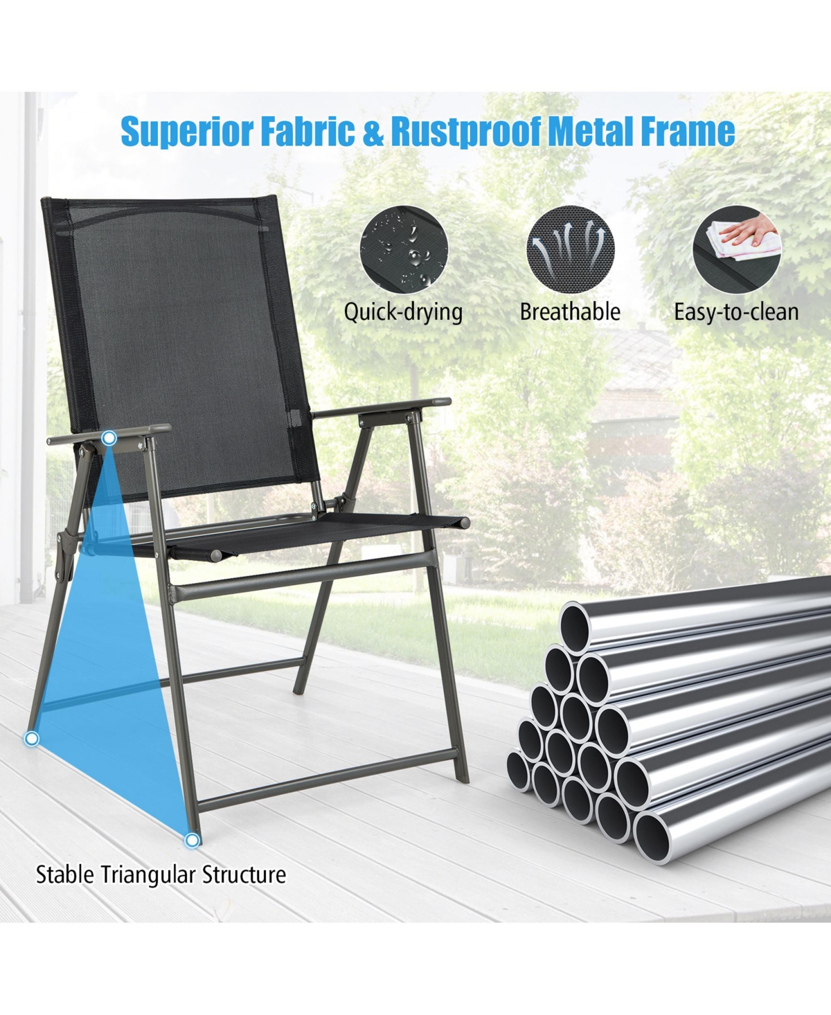 Gymax 4PCS Patio Portable Metal Folding Chairs Dining Chair Set Poolside Garden - Black+grey