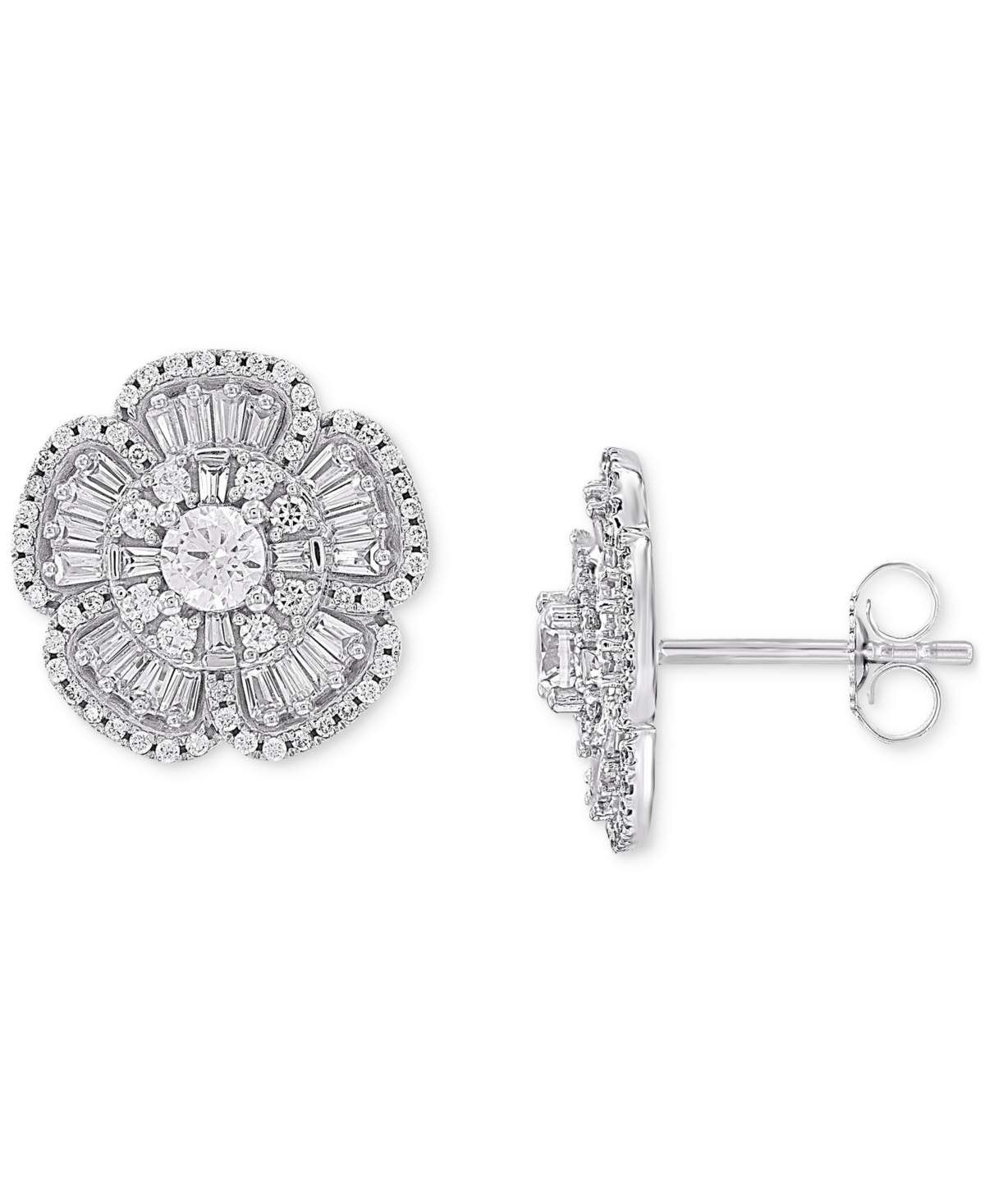 Macy's Diamond Baguette & Round Flower Stud Earrings (1 Ct. T.w.) In 14k White Gold In White Gold