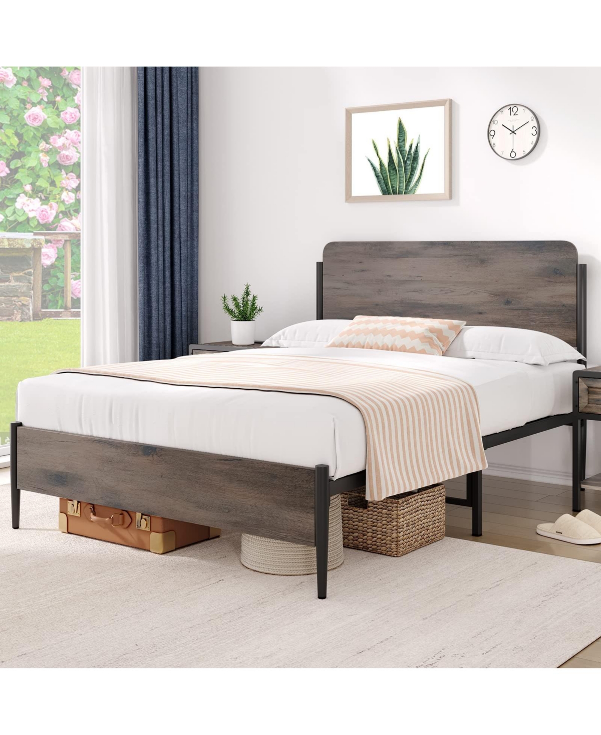 gaomon Bed Frame with Wooden Headboard and Footboard,Metal Queen Size Bed Frame