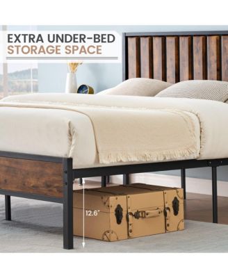 Full Size Bed Frame with Wood Headboard, Platform Metal Bed Frame Full with 14 Heavy Duty Steel Slats