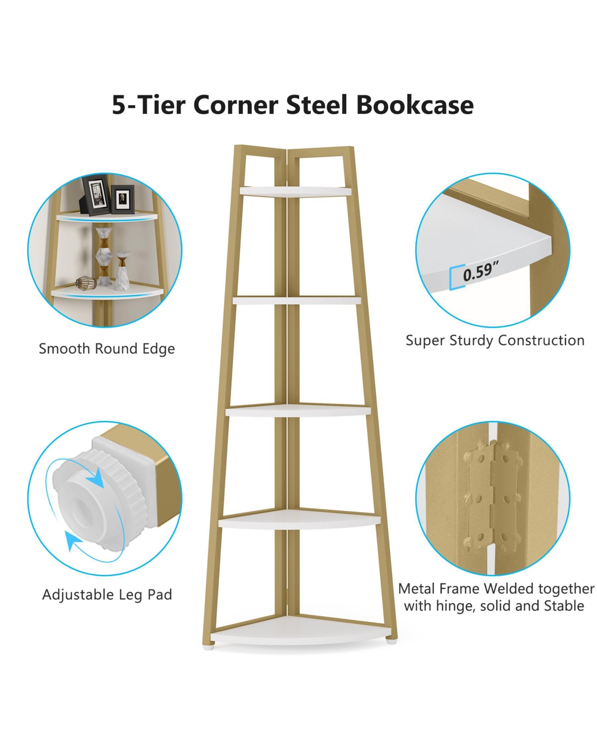 Tribesigns 5 Tier Industrial Corner Bookshelf Bookcase,70 inch Tall Corner Shelf,Industrial Corner Ladder Shelf Plant Stand - White and gold