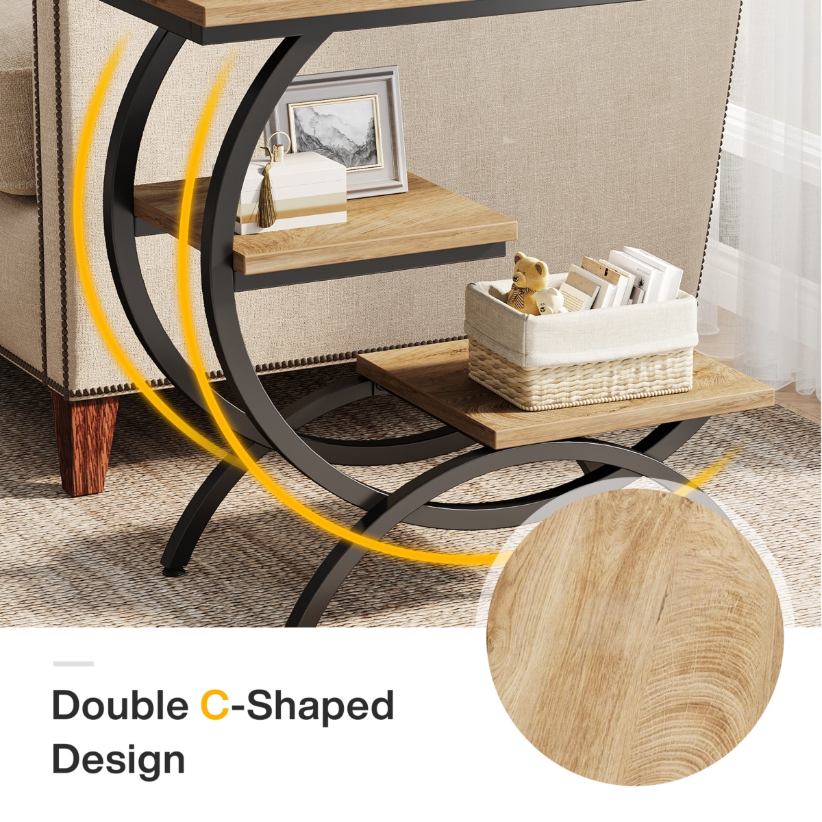 Tribesigns 3-Tier Side Table with Storage Shelves Set of 2,Wood C-Shaped End Table for Living Room Space - brown