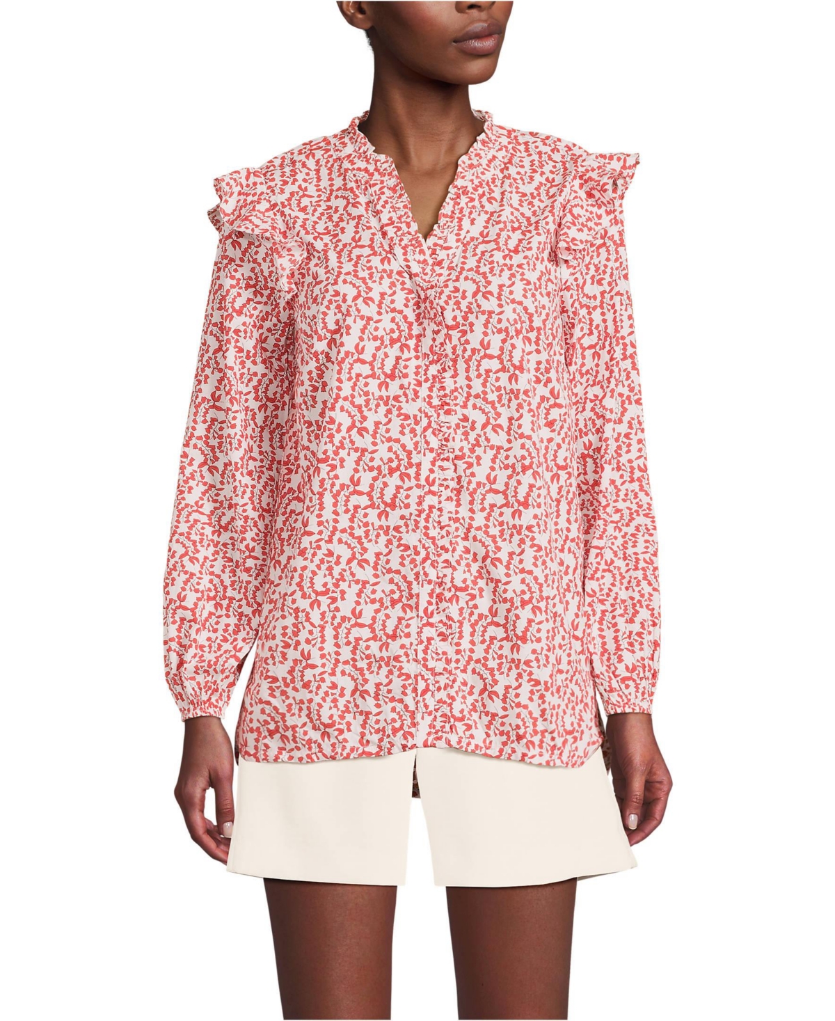 Lands' End Women's Cotton Voille Ruffle Front Blouse