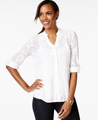 Style & Co. Petite Pintucked Button-Front Lace Blouse, Only at Macy's ...