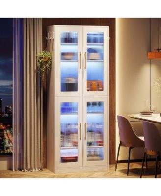 Bookcase with Doors and LED Light, 67-inch Tall  Bookshelf with 8-Tier Adjustable Shelves and Hanging Hooks, Freestanding Storage Cabinet