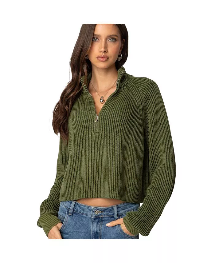 Women's Cropped Rib Knit Half Zip Sweater