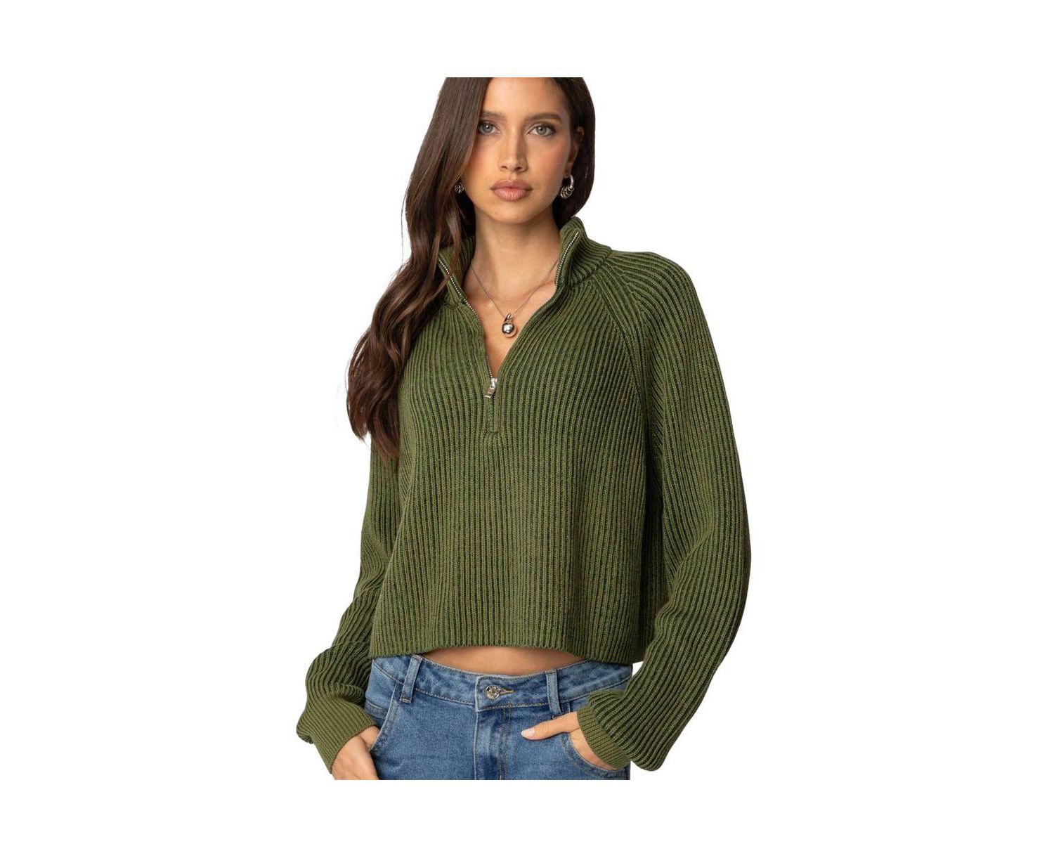 Women's Cropped Rib Knit Half Zip Sweater