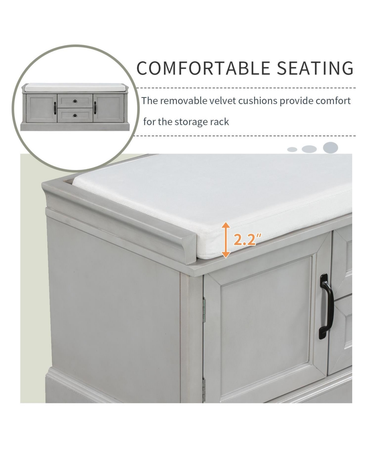 Slickblue Storage Bench with 2 Drawers and Cabinets Shoe Bench with Removable Cushion for Living Room and Entryway
