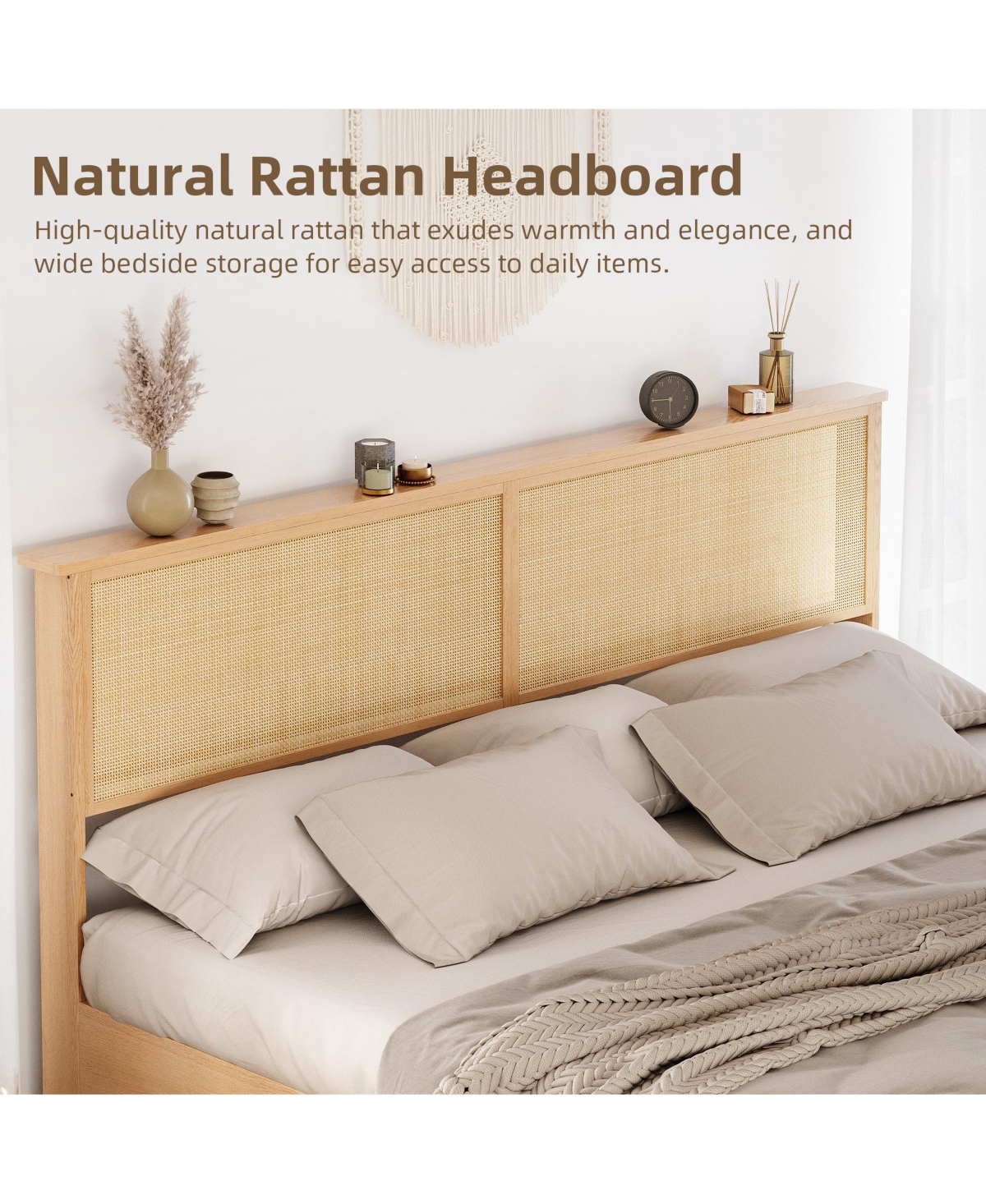 gaomon Bed Frame with Natural Rattan Headboard, Platform Bed Frame Queen Size with Storage Headboard