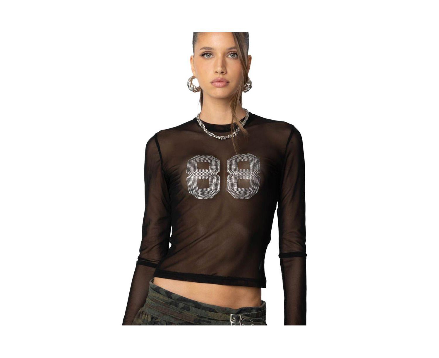 Women's 88 Rhinestone Sheer Mesh Top