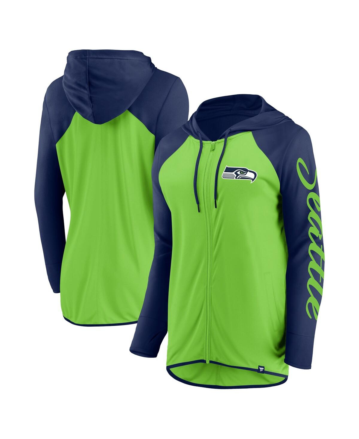 Fanatics Women's Neon Green/college Navy Seattle Seahawks Script Full-zip Hoodie In Neon Green,college Navy