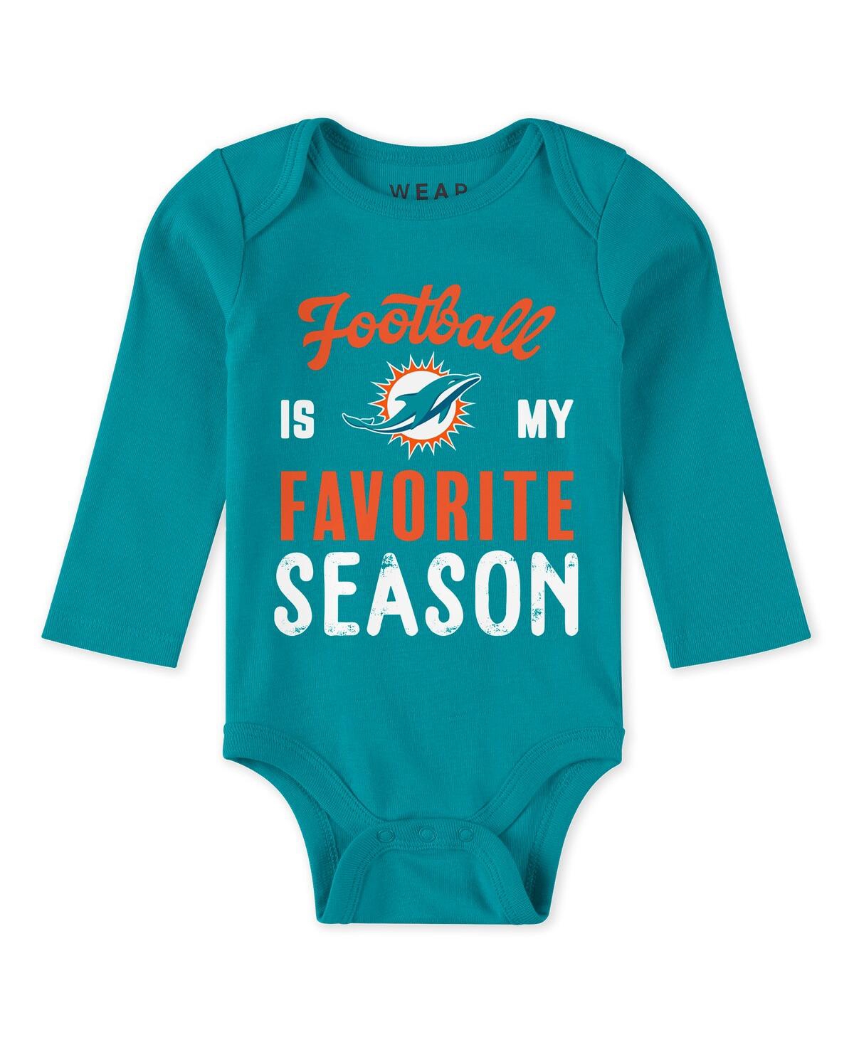 Wear By Erin Andrews Baby Boys And Girls Miami Dolphins Three-piece Turn Me Around Bodysuits Pant Set In Aqua,heather Gray