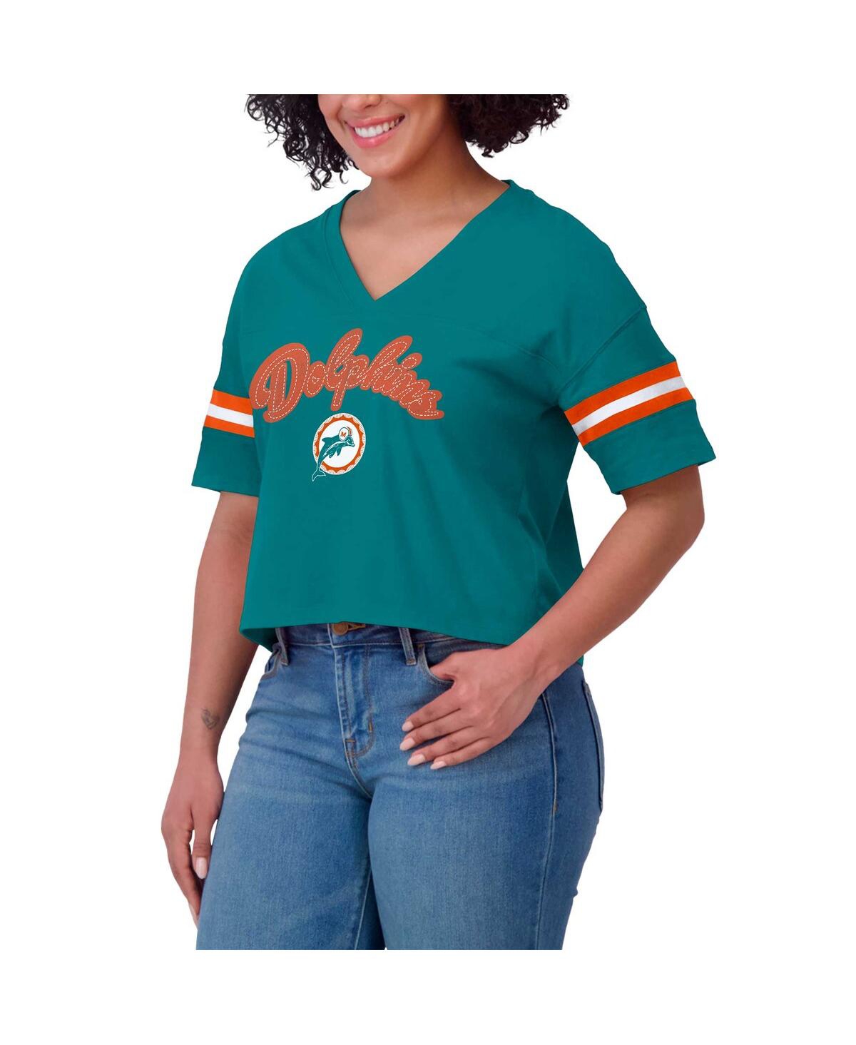 Wear By Erin Andrews Women's Aqua Miami Dolphins Plus Size Color Block Boxy V-neck T-shirt In Aqua