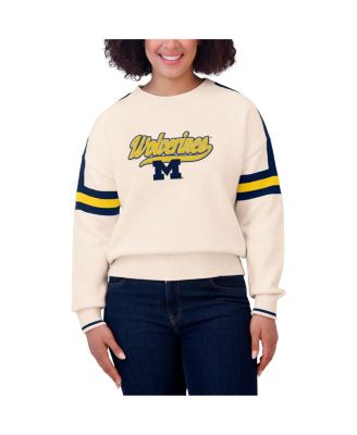 Women's Cream Michigan Wolverines Chenille Woven Patch Stripe Pullover Sweatshirt